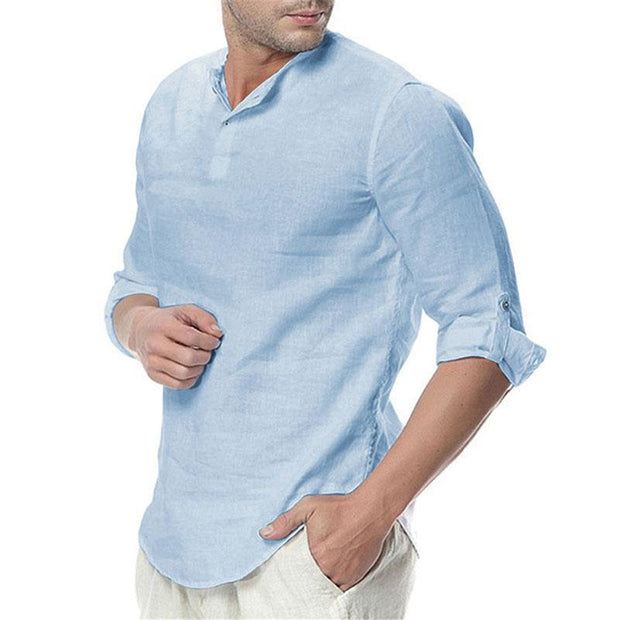 Men's Stand Collar Cotton Linen Long Sleeve Shirt