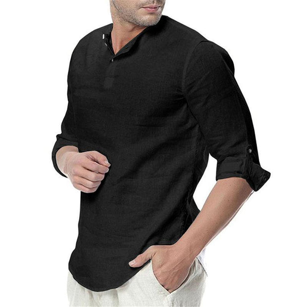 Men's Stand Collar Cotton Linen Long Sleeve Shirt