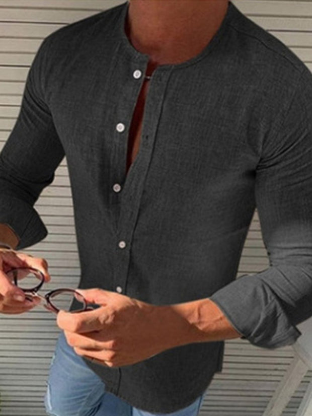 Men's Round Neck Linen Solid Color Long-sleeved Shirt