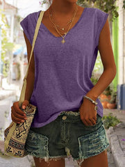 Women's Simple Solid Color V-neck Cover Sleeve Loose Tee