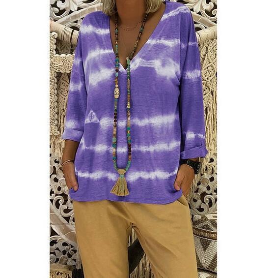 Women Loose Tie-dye Effect V-neck Long-sleeved Casual T-shirt