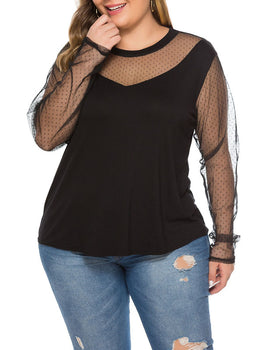 Womens Plus Size Mesh Stitching See-through Long-sleeved Top