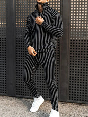 Mens Striped Fitness Running Long Sleeve Sweater Slim Pants Set