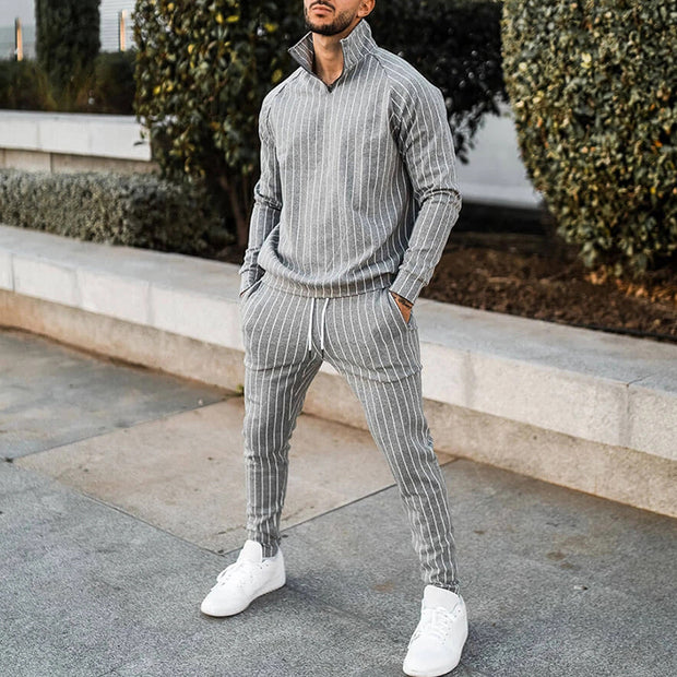 Mens Striped Fitness Running Long Sleeve Sweater Slim Pants Set