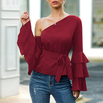 Women Fashion Sexy Casual Bow Flounce Ruffles Chiffon Blouse