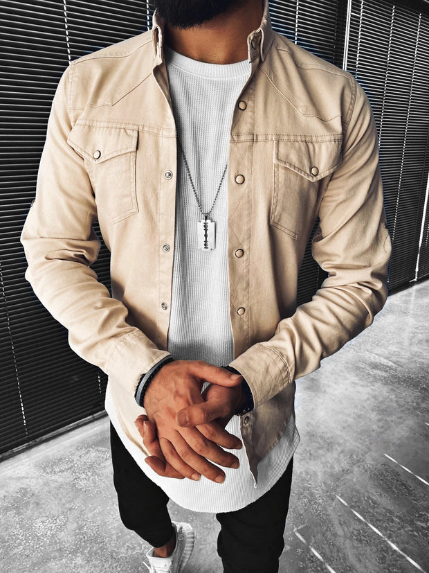 Solid color two-pocket long-sleeved shirt jacket