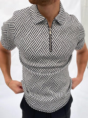 Black and white herringbone jacquard polo shirt