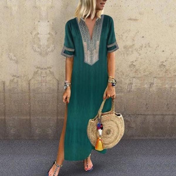 Neocozy Ethnic Short Sleeve Loose Plain Dress