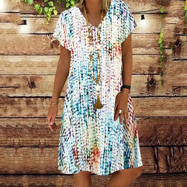 Fashion Short-sleeved V-neck Fish Scale Printed Midi Dress