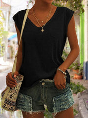 Women's Simple Solid Color V-neck Cover Sleeve Loose Tee