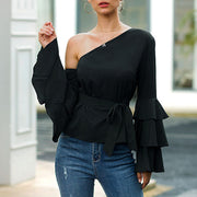 Women Fashion Sexy Casual Bow Flounce Ruffles Chiffon Blouse