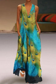 V-neck Stretch Peacock Print Sleeveless Maxi Dress