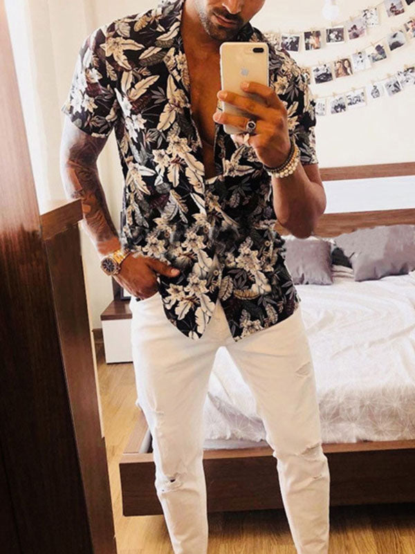 Fashion Mens Casual Short-Sleeved Floral Shirt