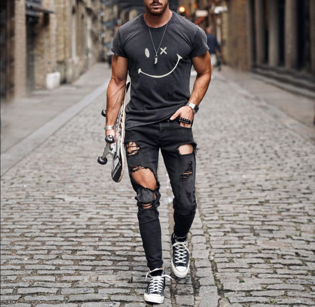 Mens Fashion Washing Short Sleeve Smiley T-shirt