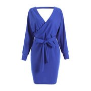 Casual Solid Color Lace V-neck Long Sleeve Sweater Dress