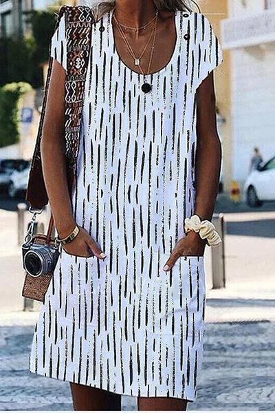 Sexy Short-sleeved Crew Neck Striped Print Midi Dress