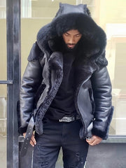 Men's Fashion Faux Fur Hooded Biker Jacket Coat