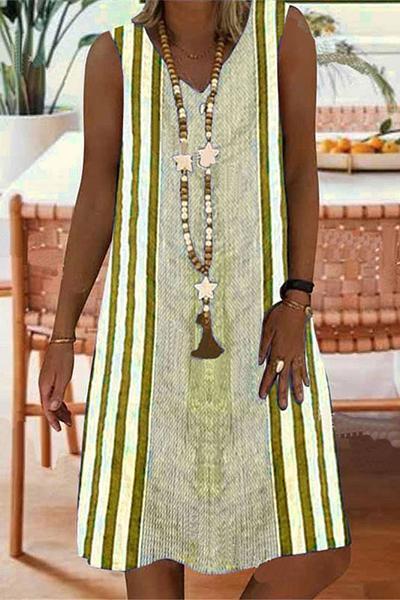 Straight Stripe Printed Sleeveless V-neck Midi Dress