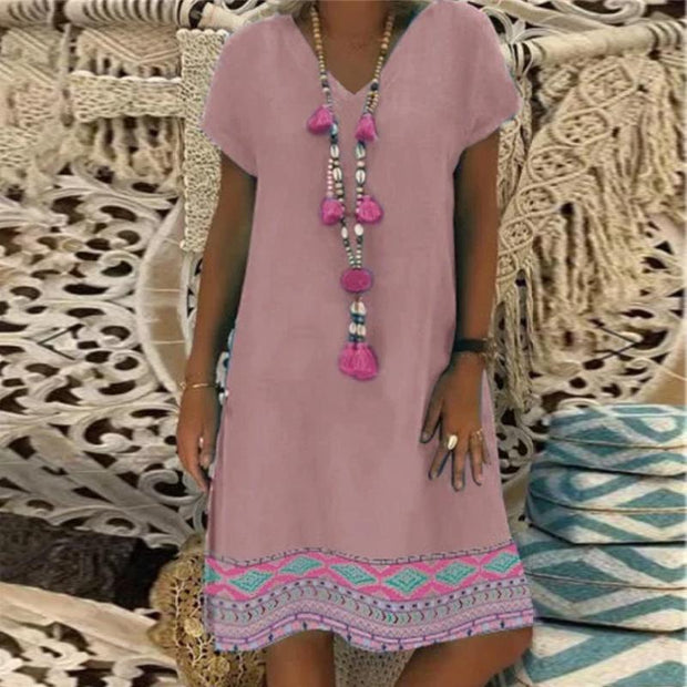 Ethnic Printed Short Sleeved V Neck Dress