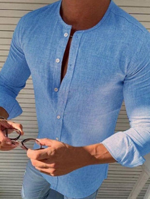 Men's Round Neck Linen Solid Color Long-sleeved Shirt