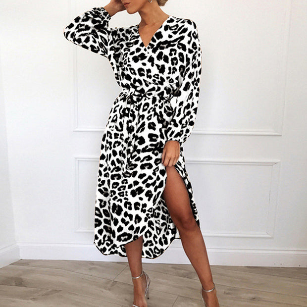 Leopard Print V-Neck High-Waist Lace-Up Irregular Dress