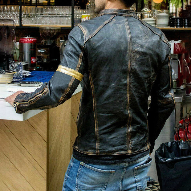 Men Stand-Collar Punk Motorcycle Leather Jacket