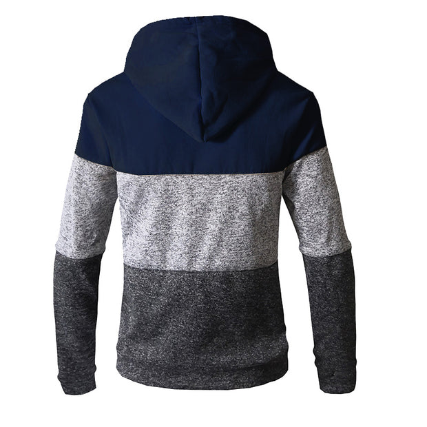 Mens new plain casual hooded cardigan color block sweater