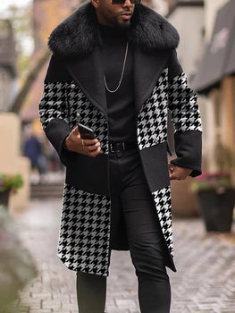 Mens Faux Fur Collar Houndstooth Coat