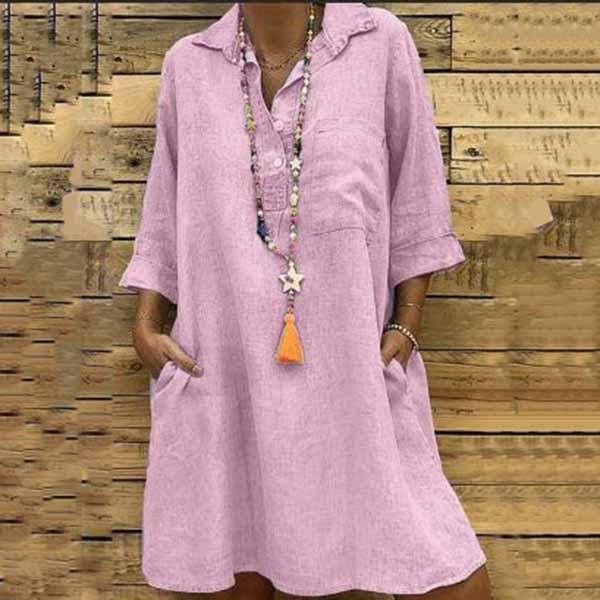 Fashion Solid Color Seven Sleeve Cotton Linen Dress