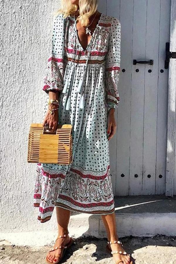 Neocozy Long Sleeve V Neck Printed Long Dress