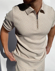 Black and white herringbone jacquard polo shirt