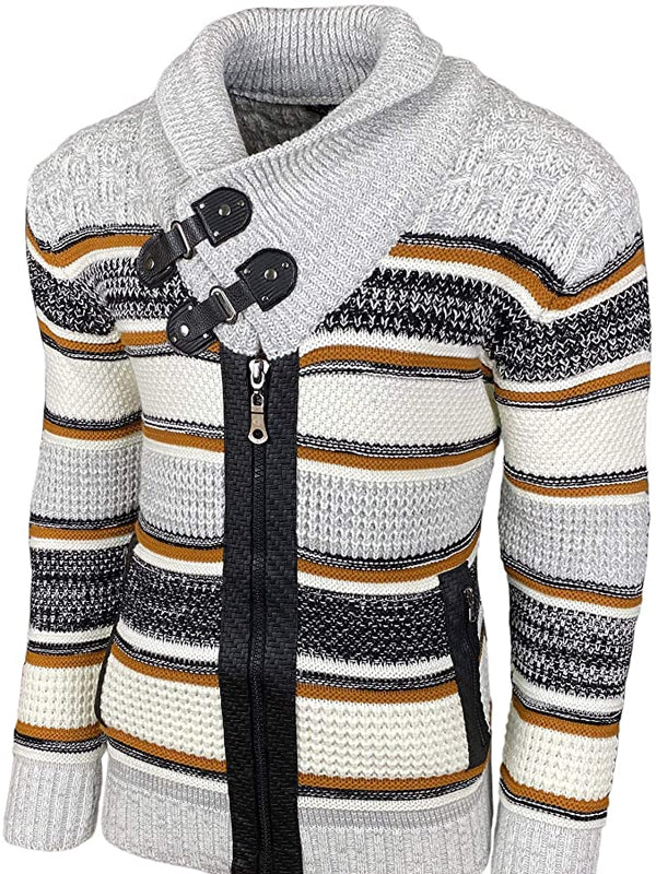 Mens Fashion Mixed Color Slim-Fit Zipper Sweater Coat