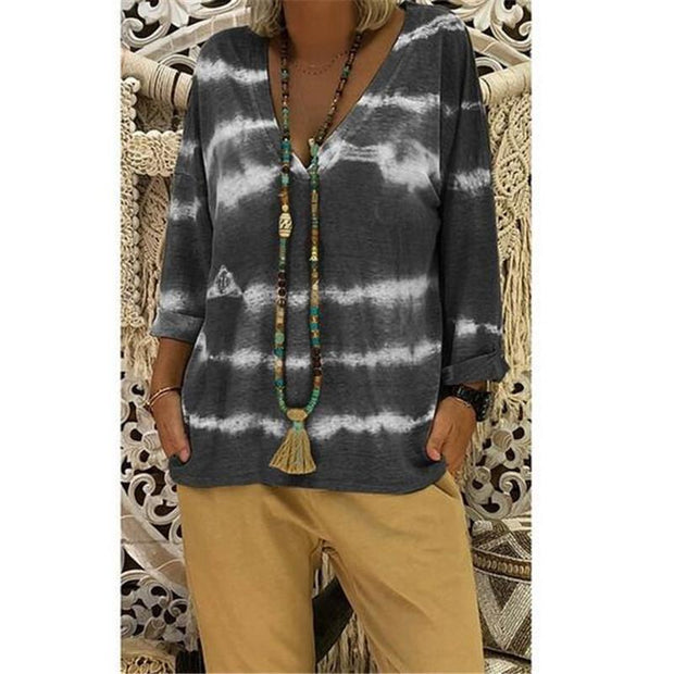 Women Loose Tie-dye Effect V-neck Long-sleeved Casual T-shirt