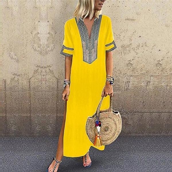 Neocozy Ethnic Short Sleeve Loose Plain Dress