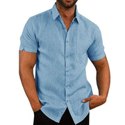 Men's Summer Plain Lapel Button Short Sleeve Shirt