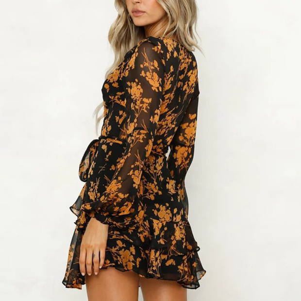 Fashion flower print long sleeve dress