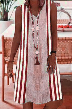 Straight Stripe Printed Sleeveless V-neck Midi Dress