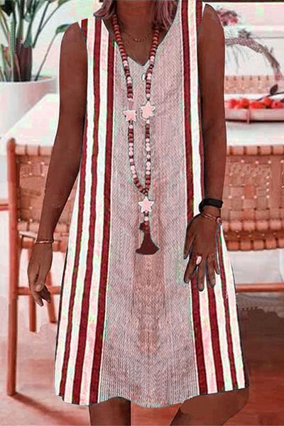 Straight Stripe Printed Sleeveless V-neck Midi Dress