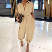 Women's Short-sleeved Button Loose Jumpsuit