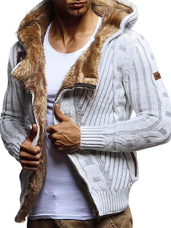 Mens Casual Diagonal Zipper Plus Fleece Hooded Sweater Coat