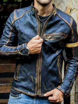 Men Stand-Collar Punk Motorcycle Leather Jacket