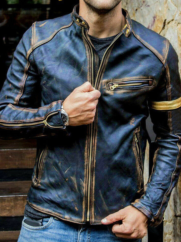 Men Stand-Collar Punk Motorcycle Leather Jacket