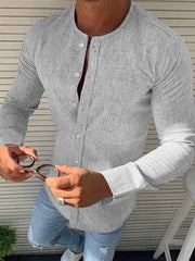 Men's Round Neck Linen Solid Color Long-sleeved Shirt