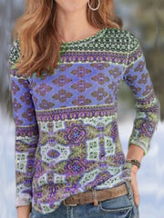 Tribal Print Round Neck Long Sleeve Retro T-Shirt