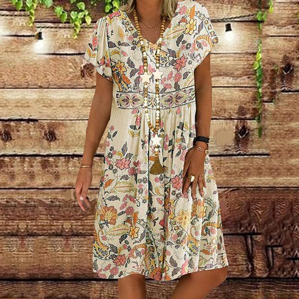 Sexy V-neck Fashion Print Short Sleeve Midi Dress