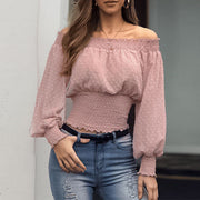 Women Sexy Off Shoulder Ruffles Chiffon Pink Blouses