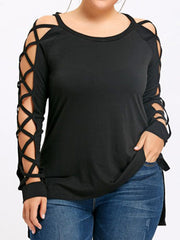 Plus size fashion strapless hollow mesh long sleeve T-shirt