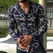 Casual MenS Printed Slim Long-sleeved Flower Thin Shirt