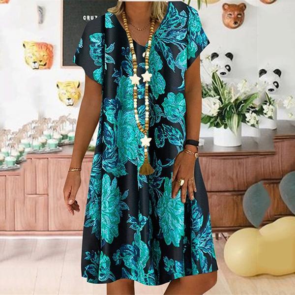 Short-sleeved V-neck Printed A- word Dress