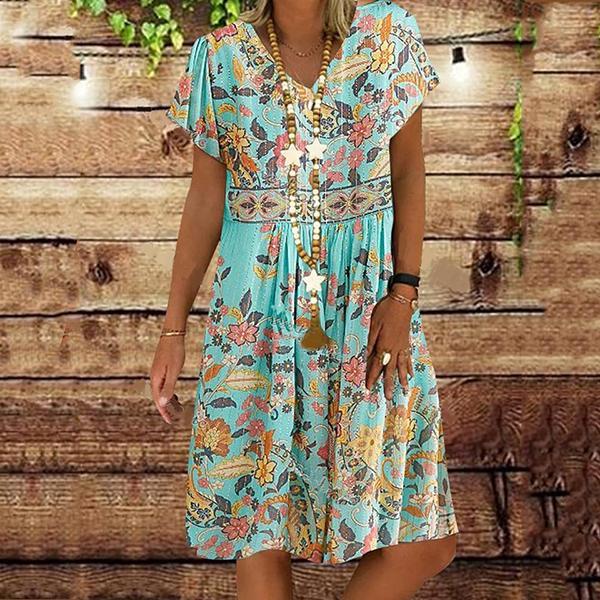 Sexy V-neck Fashion Print Short Sleeve Midi Dress